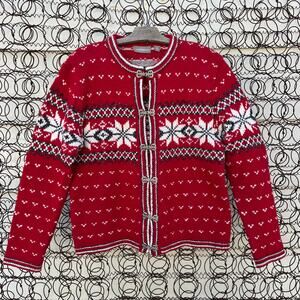 Croft & Borrow Fair Isle Frog Toggle Red Snowflake Winter Christmas Cardigan MED